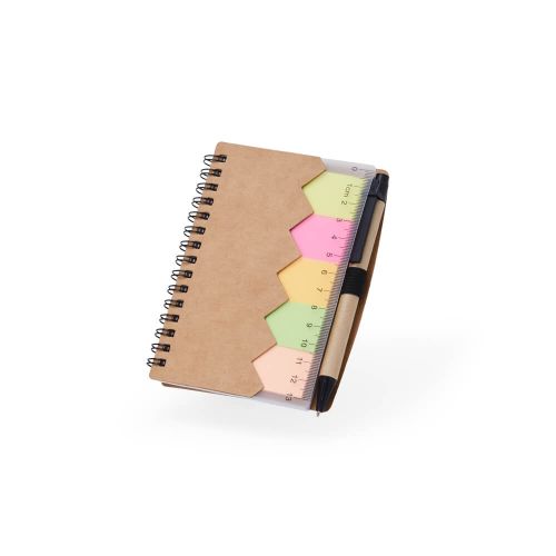 bloco de notas ecologico kraft com régua, auto adesivos e caneta personalizado para brindes 05065